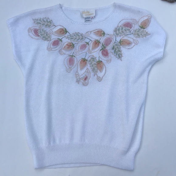 Vintage 70s NEW Womens Short Sleeve Sweater Top Embellished Appliqué Medium - Picture 8 of 8